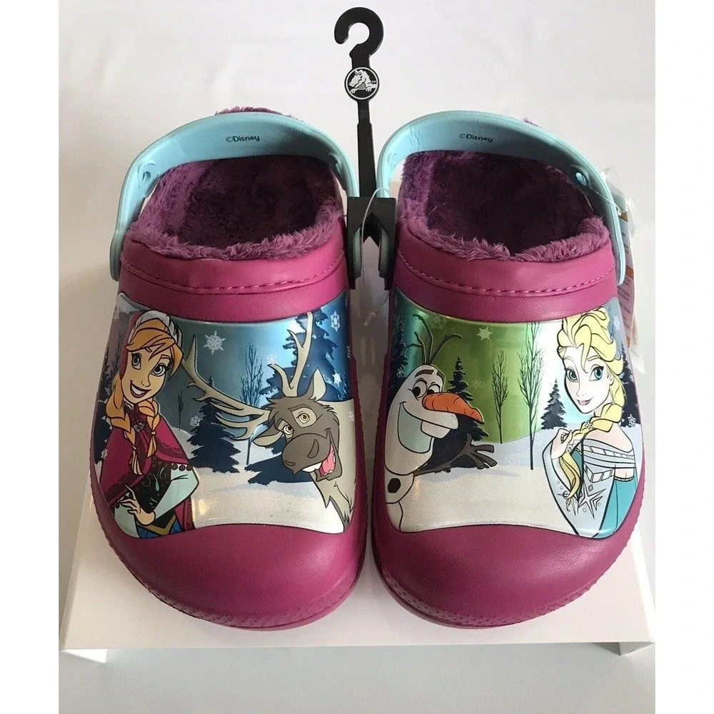 Crocs, Girls, Clogs 'Frozen' Anna/Elsa, Size Junior 2‎ 'Berry', Felt Lined.